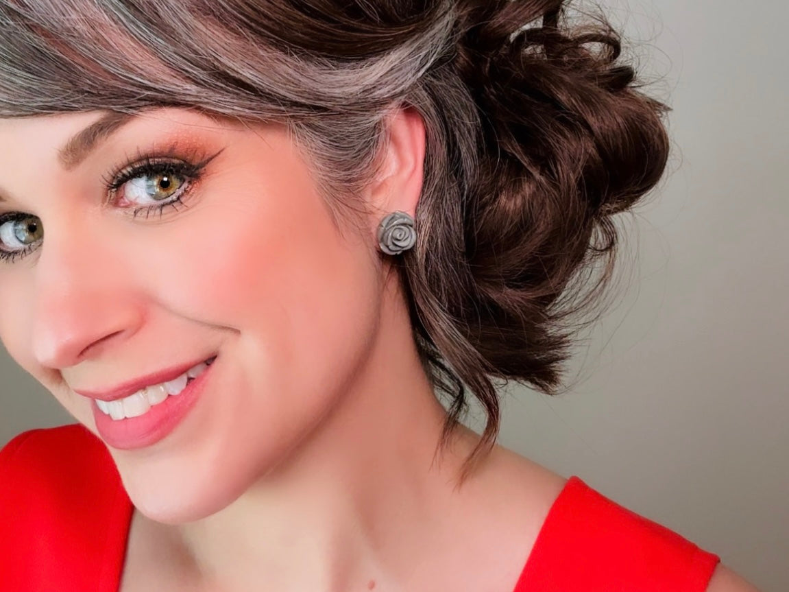 Grey Rose Earrings, Big Resin Flower Stud Earrings in Charcoal Grey