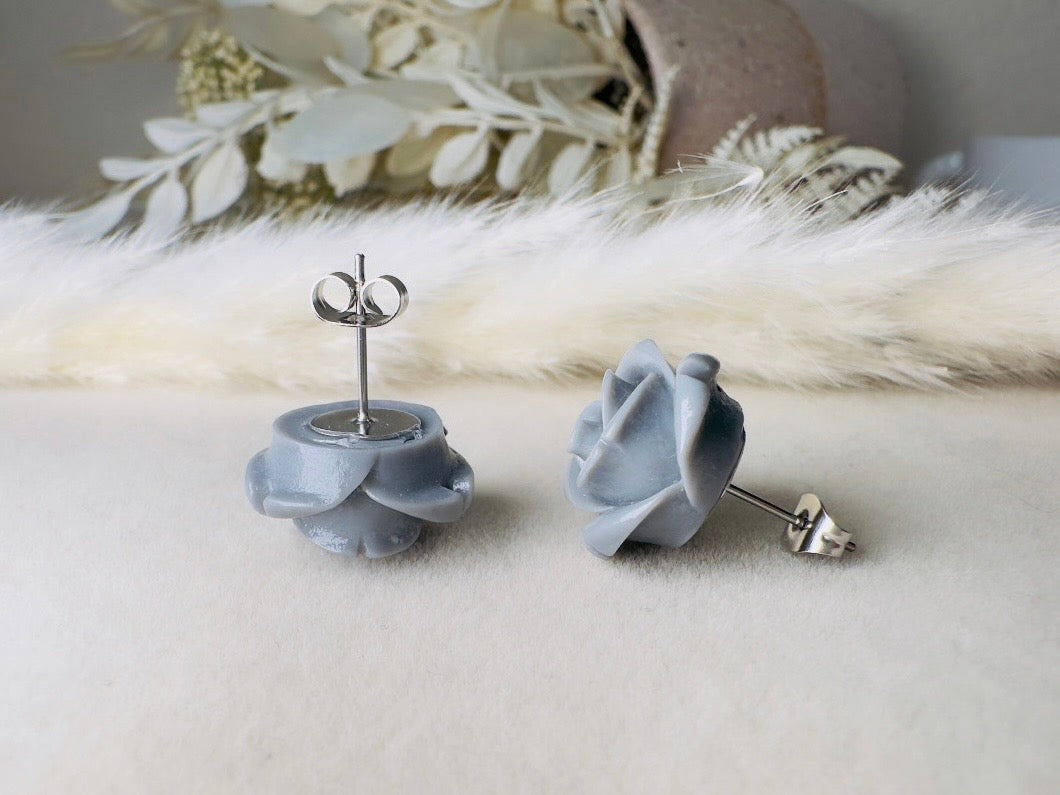 Grey Rose Earrings, Big Resin Flower Stud Earrings in Charcoal Grey