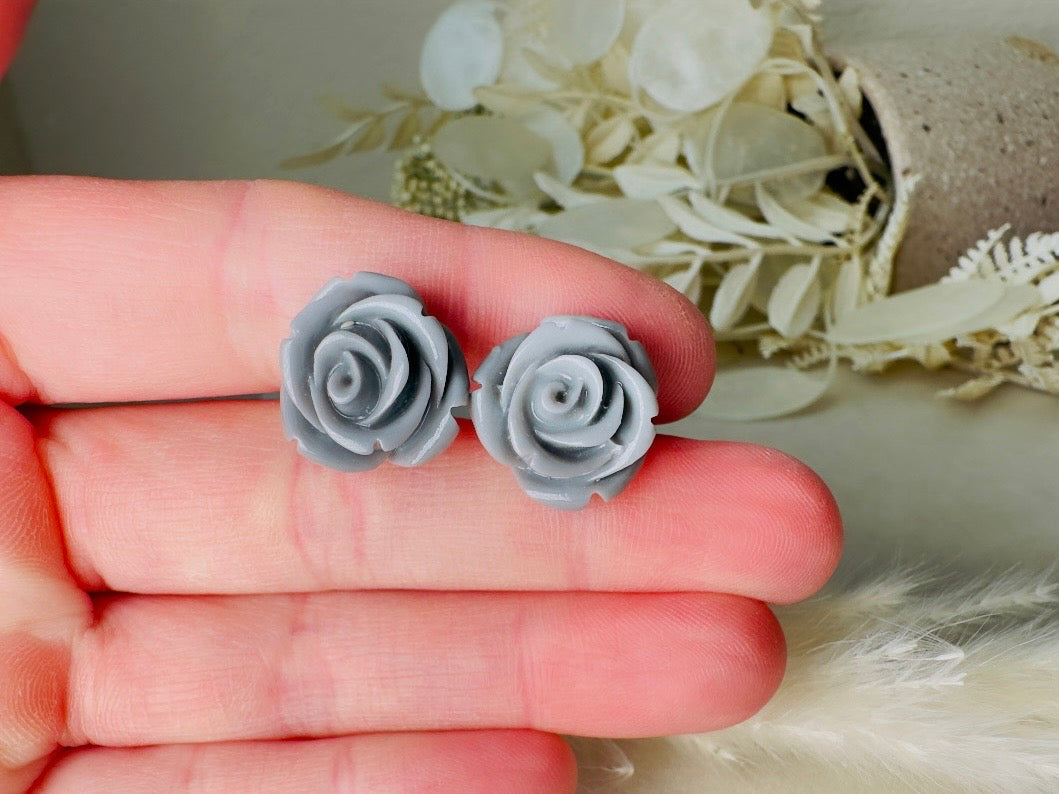 Grey Rose Earrings, Big Resin Flower Stud Earrings in Charcoal Grey