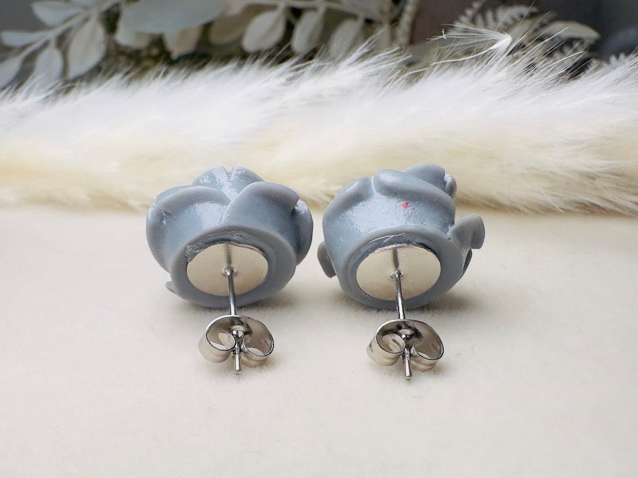 Grey Rose Earrings, Big Resin Flower Stud Earrings in Charcoal Grey