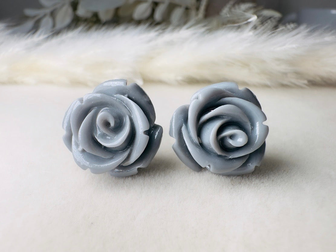 Grey Rose Earrings, Big Resin Flower Stud Earrings in Charcoal Grey