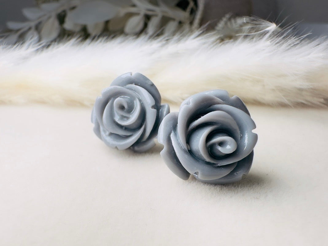Grey Rose Earrings, Big Resin Flower Stud Earrings in Charcoal Grey