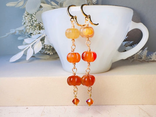 Handmace Carnelian Pumpkin Earrings, 18K Gold