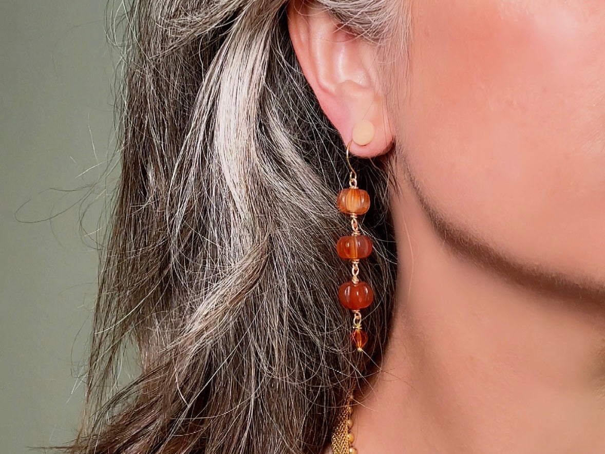 Handmace Carnelian Pumpkin Earrings, 18K Gold
