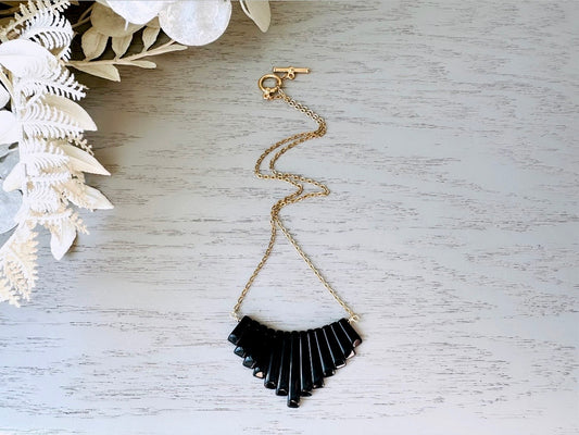 Handmade Black Onyx Graduated Fan Necklace, 18Kt Gold + Onyx Gemstone 