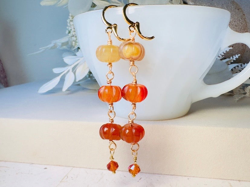 Handmade Pumpkin Earrings, Cascading Ombre Carnelian Gemstone Earrings with 18k Gold Huggie Earwires