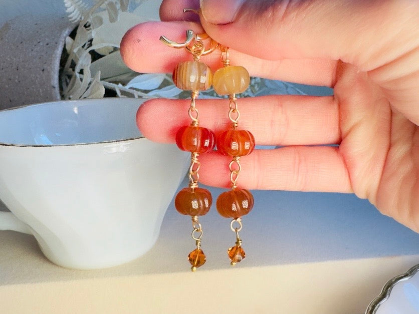 Handmade Carnelian Pumpkin Earrings, 18K Gold