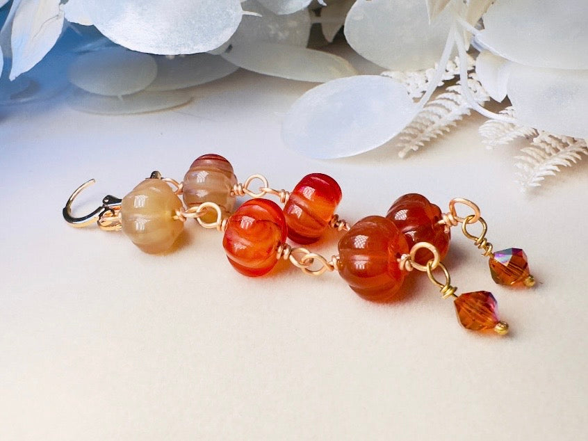 Handmade Carnelian Pumpkin Earrings, 18K Gold