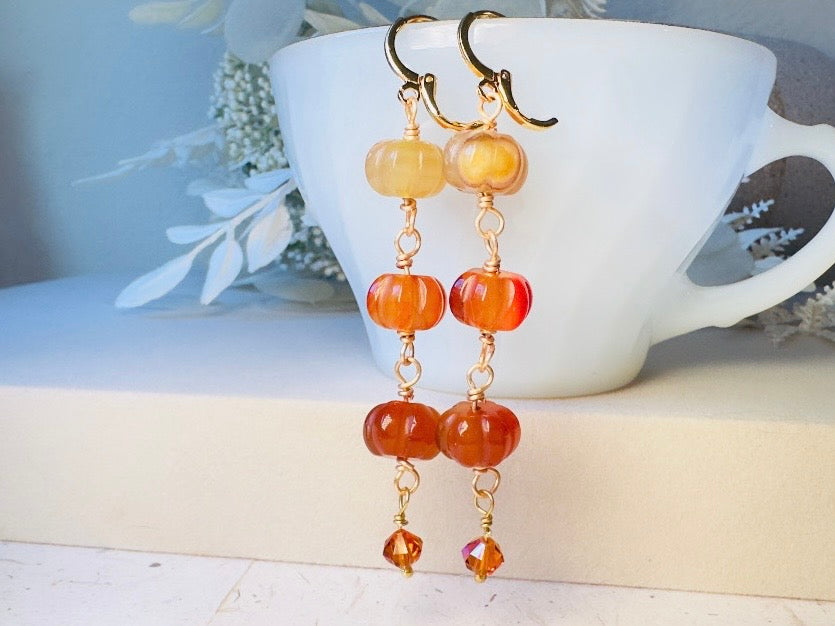 Handmade Carnelian Pumpkin Earrings, 18K Gold