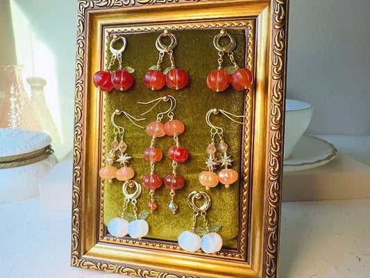Handmade Carnelian Pumpkin Earrings, 18K Gold