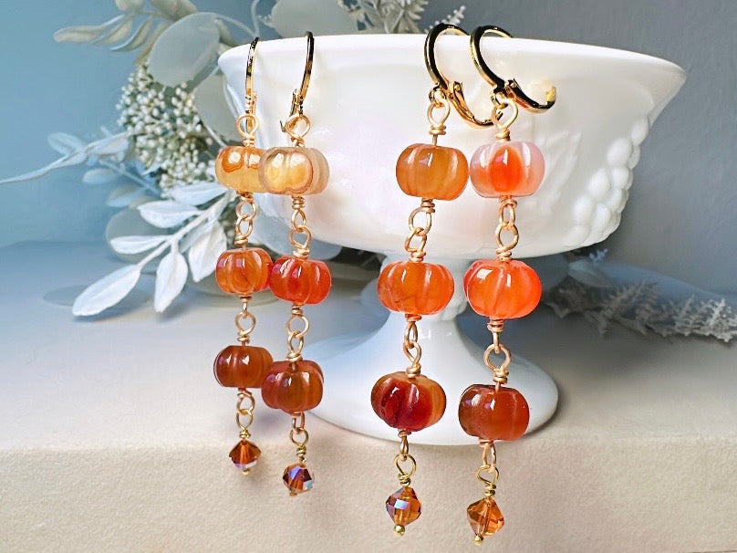 Handmade Carnelian Pumpkin Earrings, 18K Gold