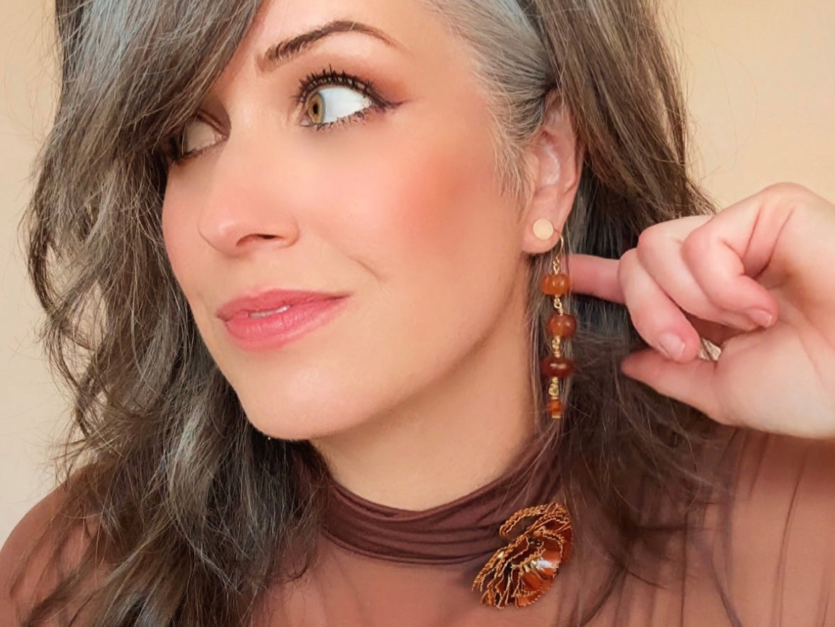 Handmade Carnelian Pumpkin Earrings, 18K Gold