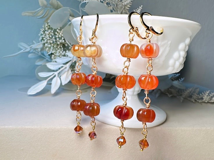 Handmade Carnelian Pumpkin Earrings, 18K Gold