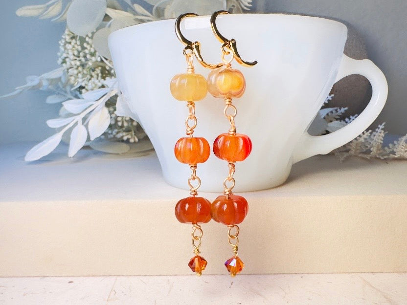 Handmade Carnelian Pumpkin Earrings, 18K Gold