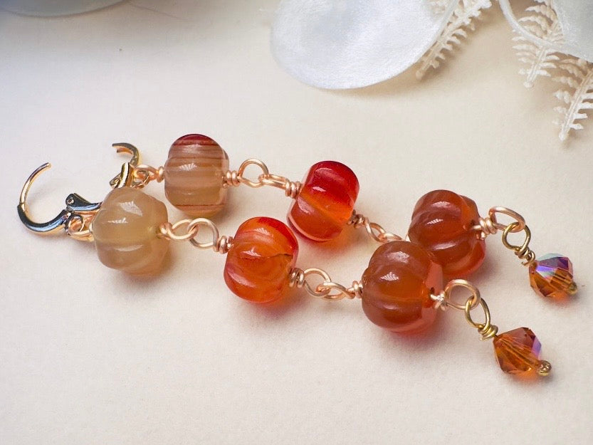 Handmade Carnelian Pumpkin Earrings, 18K Gold