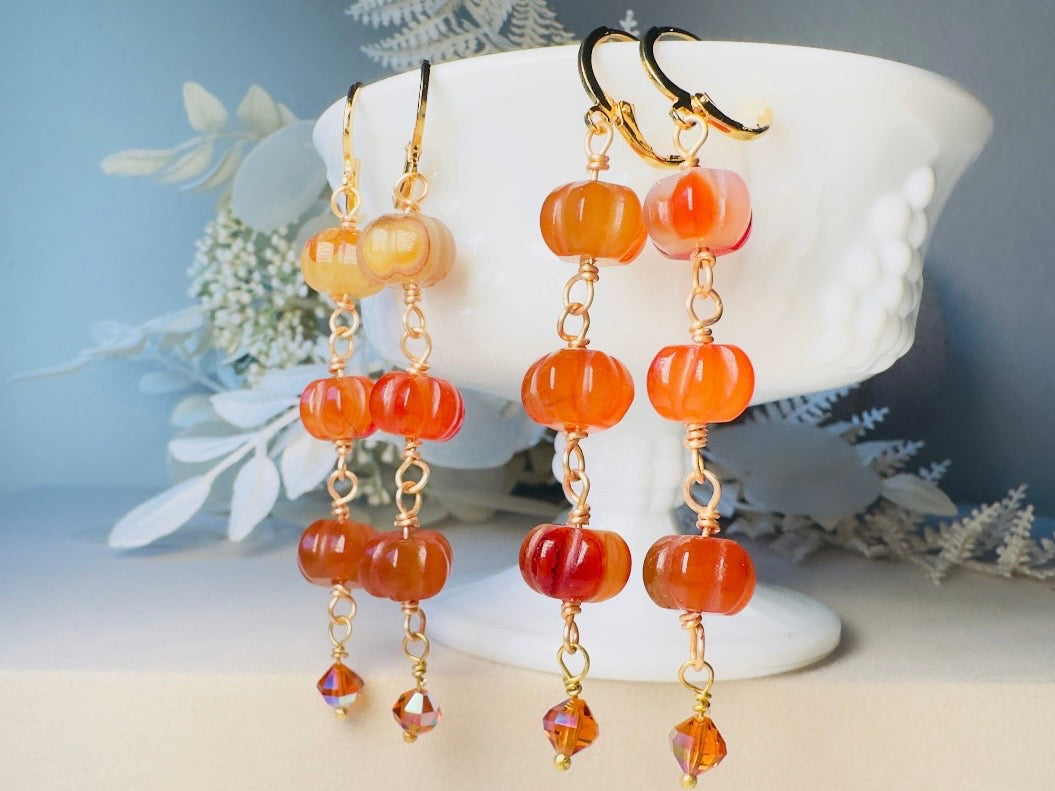 Handmade Carnelian Pumpkin Earrings, 18K Gold