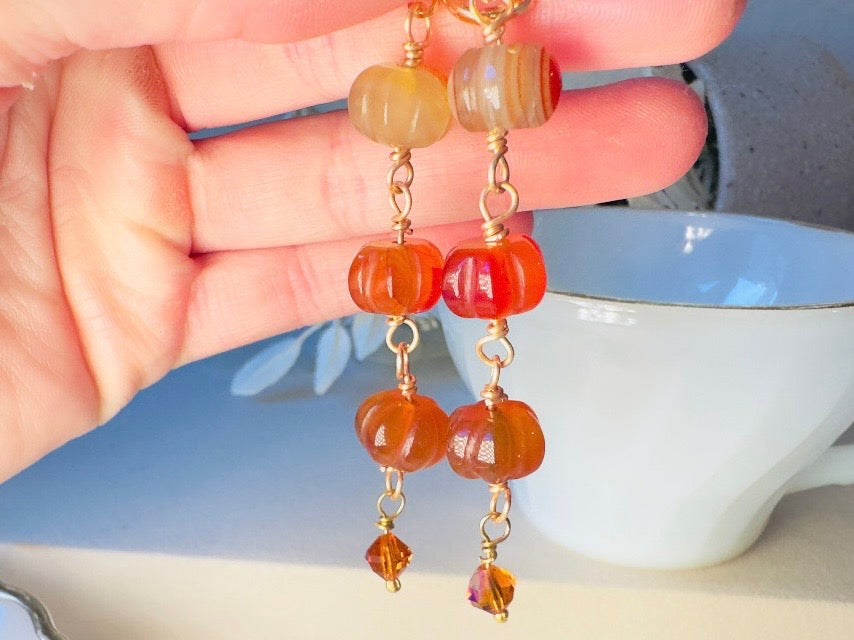 Handmade Carnelian Pumpkin Earrings, 18K Gold