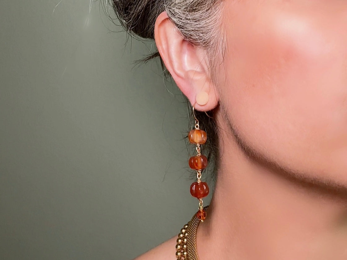 Handmade Carnelian Pumpkin Earrings, 18K Gold