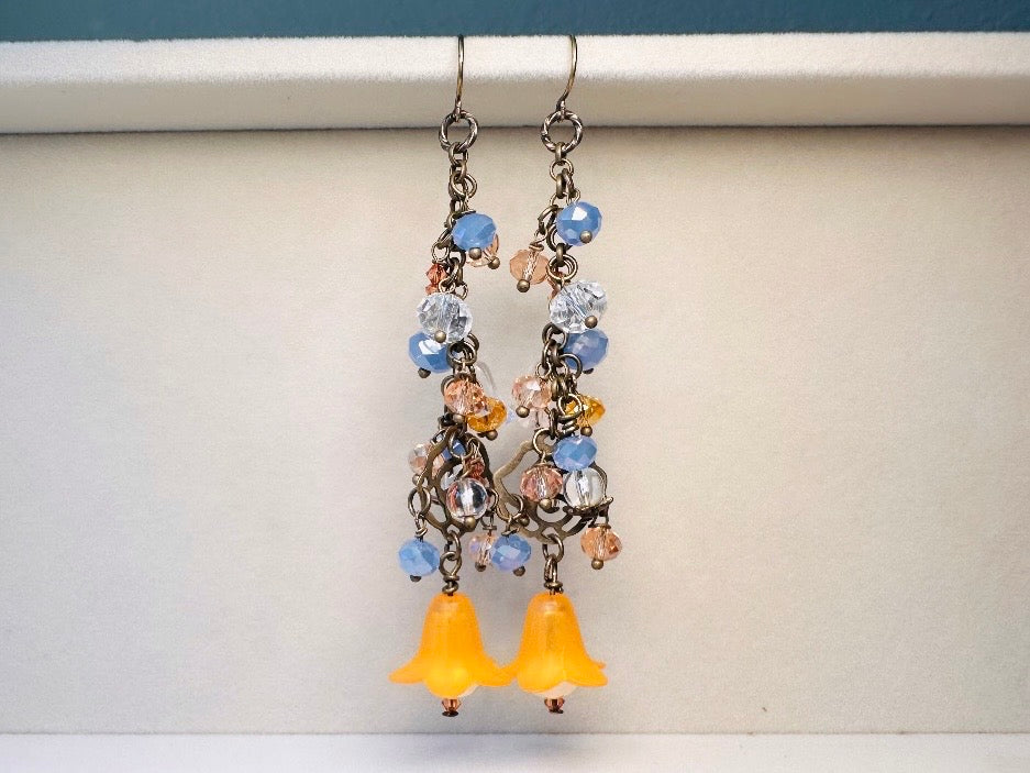 Handmade Fairy Earrings, Cascading Faerie Charm Earrings with Periwinkle + Orange Crystals, Glass Flowers, Extra Long Dangle Earrings
