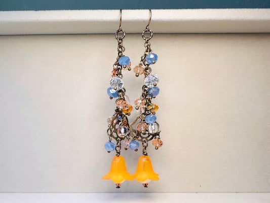 Handmade Fairy Earrings, Cascading Faerie Charm Earrings with Periwinkle + Orange Crystals, Glass Flowers, Extra Long Dangle Earrings