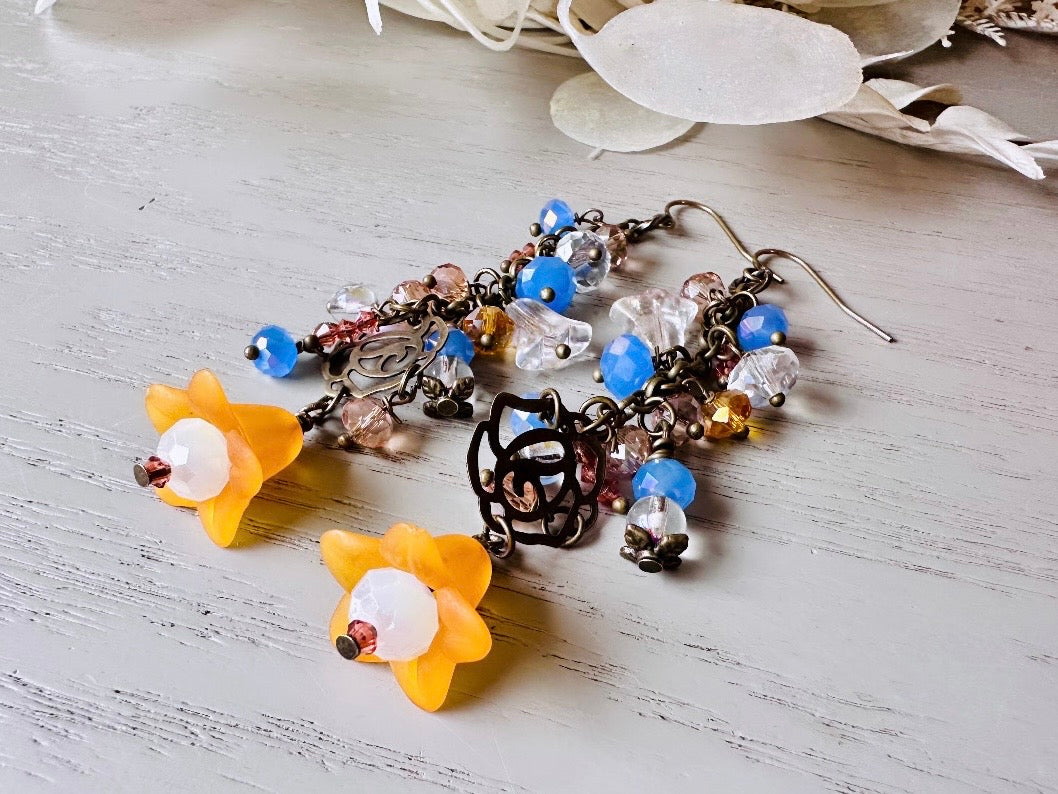 Handmade Fairy Earrings, Cascading Faerie Charm Earrings with Periwinkle + Orange Crystals, Glass Flowers, Extra Long Dangle Earrings