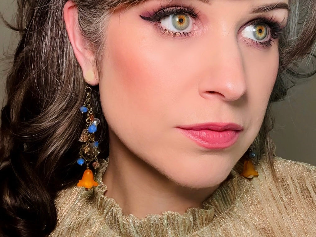 Handmade Fairy Earrings, Cascading Faerie Charm Earrings with Periwinkle + Orange Crystals, Glass Flowers, Extra Long Dangle Earrings