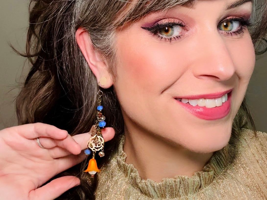 Handmade Fairy Earrings, Cascading Faerie Charm Earrings with Periwinkle + Orange Crystals, Glass Flowers, Extra Long Dangle Earrings