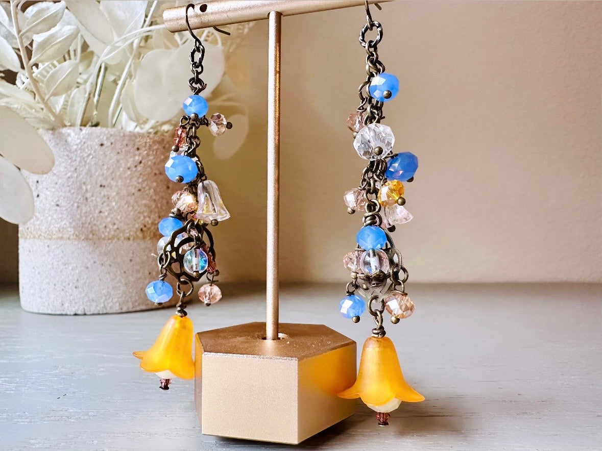 Handmade Fairy Earrings, Cascading Faerie Charm Earrings with Periwinkle + Orange Crystals, Glass Flowers, Extra Long Dangle Earrings
