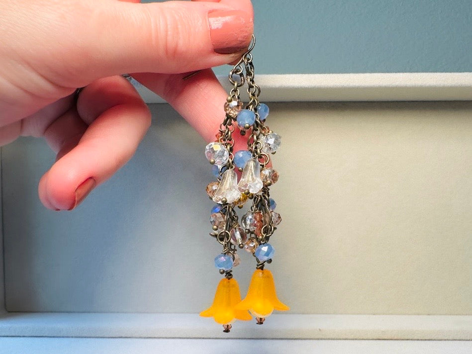 Handmade Fairy Earrings, Cascading Faerie Charm Earrings with Periwinkle + Orange Crystals, Glass Flowers, Extra Long Dangle Earrings