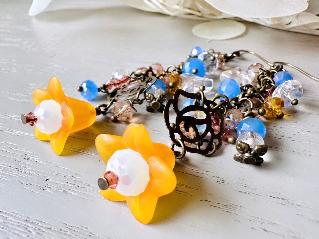Handmade Fairy Earrings, Cascading Faerie Charm Earrings with Periwinkle + Orange Crystals, Glass Flowers, Extra Long Dangle Earrings