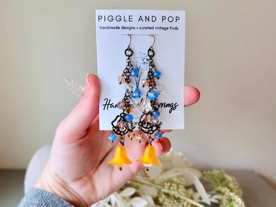 Handmade Fairy Earrings, Cascading Faerie Charm Earrings with Periwinkle + Orange Crystals, Glass Flowers, Extra Long Dangle Earrings