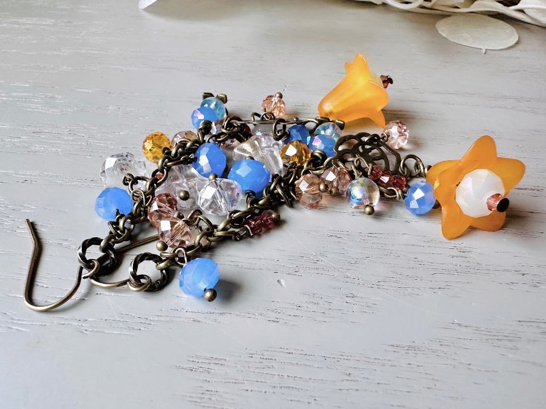 Handmade Fairy Earrings, Cascading Faerie Charm Earrings with Periwinkle + Orange Crystals, Glass Flowers, Extra Long Dangle Earrings
