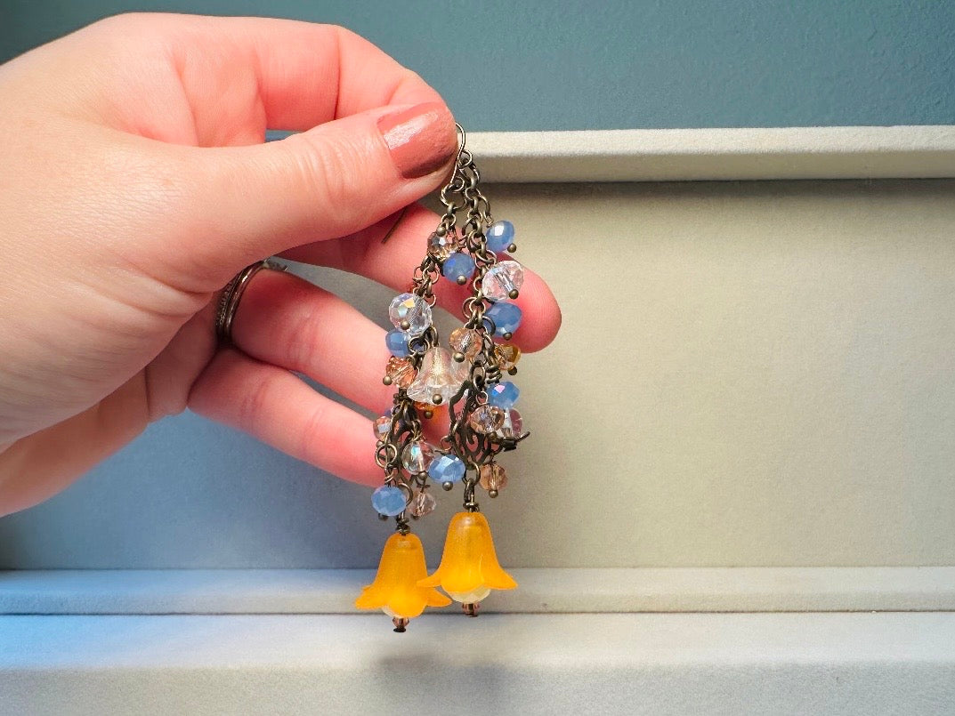 Handmade Fairy Earrings, Cascading Faerie Charm Earrings with Periwinkle + Orange Crystals, Glass Flowers, Extra Long Dangle Earrings