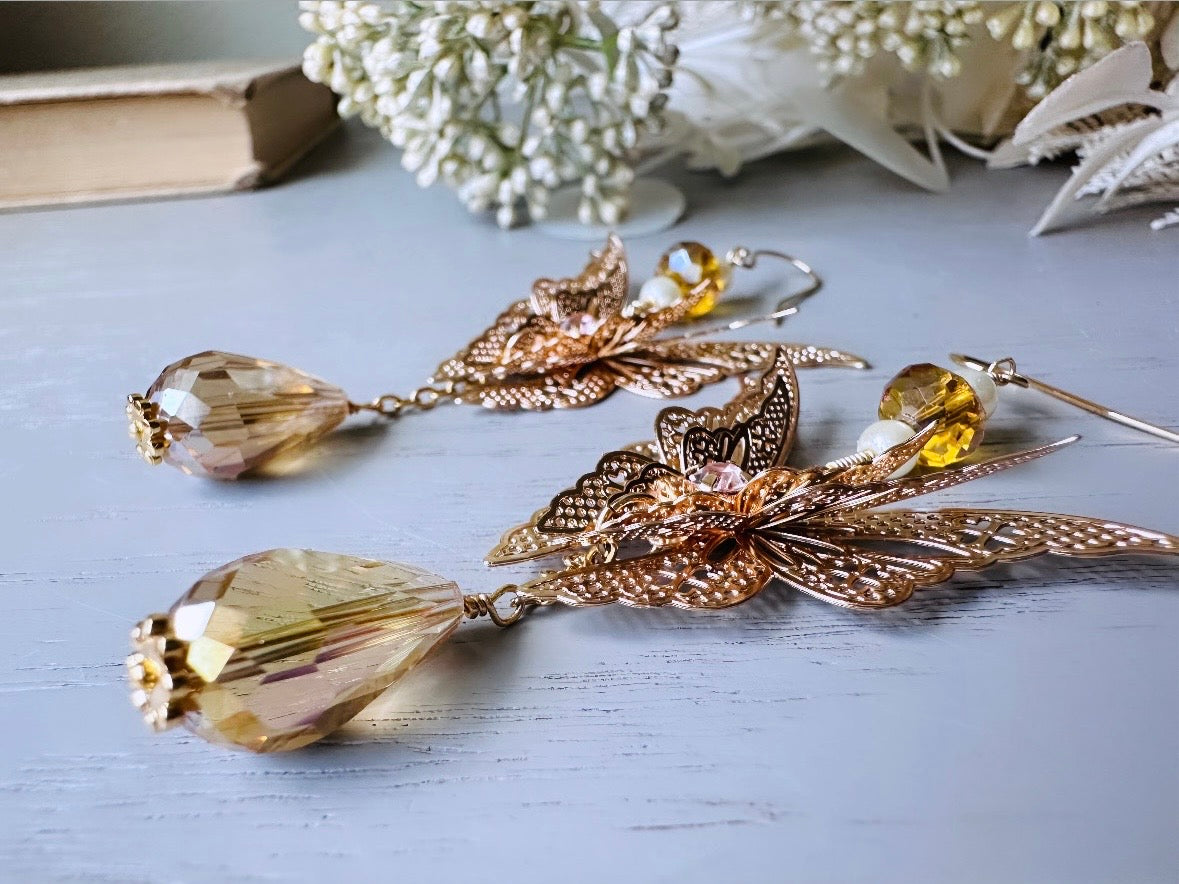 close up Handmade Golden Butterfly Earrings, 14kt Gold Crystal and Pearl Faerie Wedding Earrings