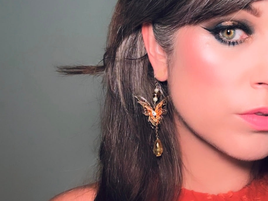 modelled by creator bethan jayne Handmade Golden Butterfly Earrings, 14kt Gold Crystal and Pearl Faerie Wedding Earrings