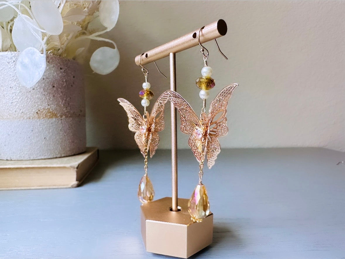 close up dangle Handmade Golden Butterfly Earrings, 14kt Gold Crystal and Pearl Faerie Wedding Earrings