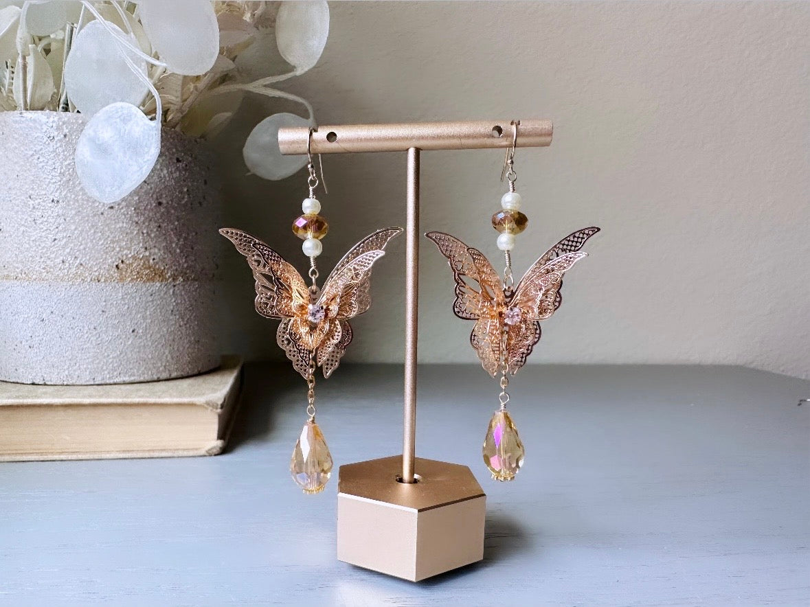 Handmade Golden Butterfly Earrings, 14kt Gold Crystal and Pearl Faerie Wedding Earrings from Piggle and Pop