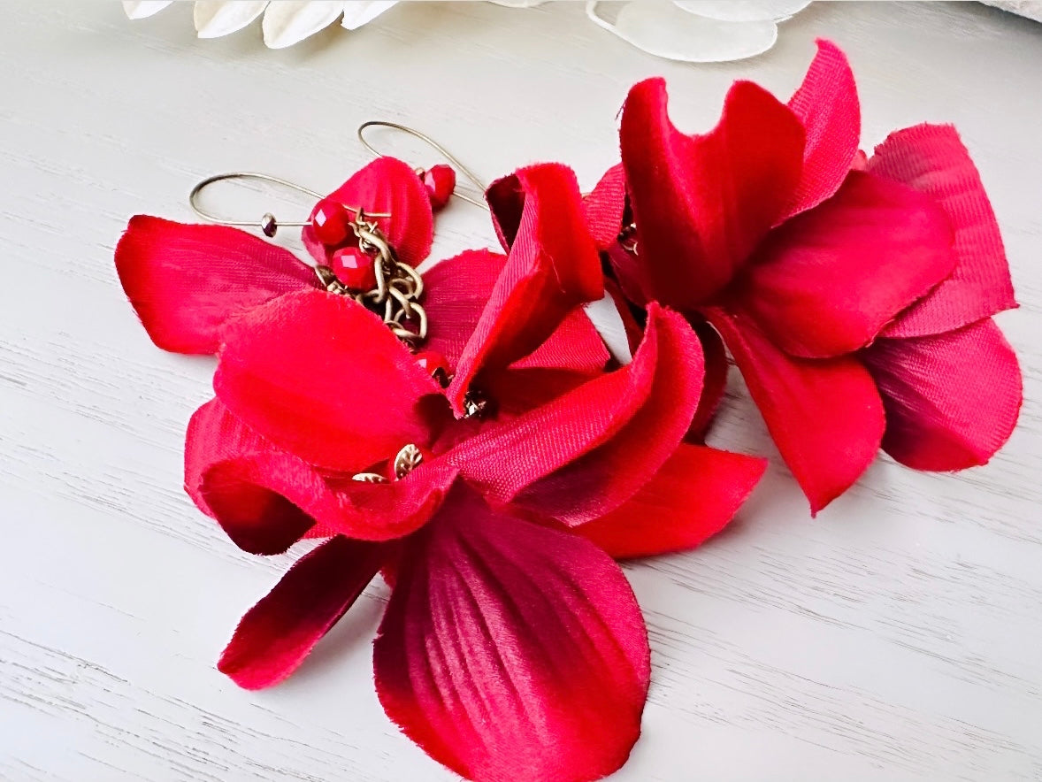 Handmade Holiday Hydrangea Earrings, Red Hydrangea Earrings, Handmade Whimsical Fabric Flower Earrings, Unique Christmas Red Earrings, Dramatic Oversized Red Faerie Earrings by Piggle and Pop