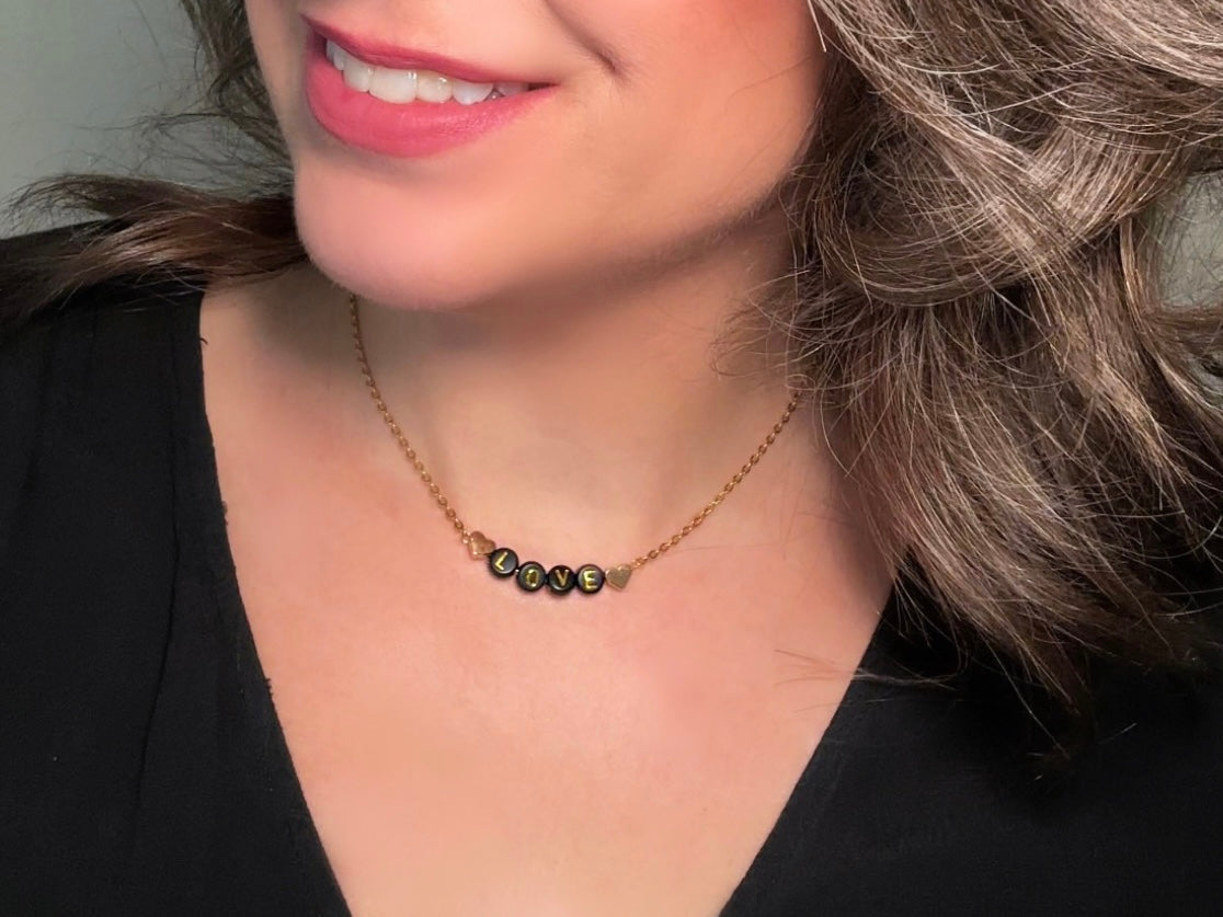 Handmade Love Beaded Necklace, 18k Chain Black and Gold Heart  modelled