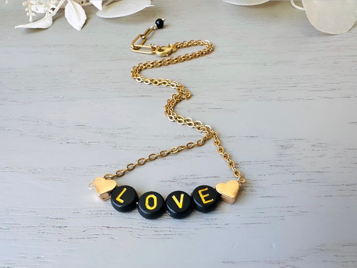 Handmade Love Beaded Necklace, 18k Chain Black and Gold Heart  handmade 