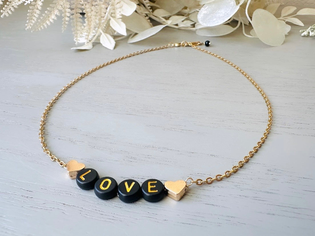 Handmade Love Beaded Necklace, 18k Chain Black and Gold Heart from Piggle and Pop