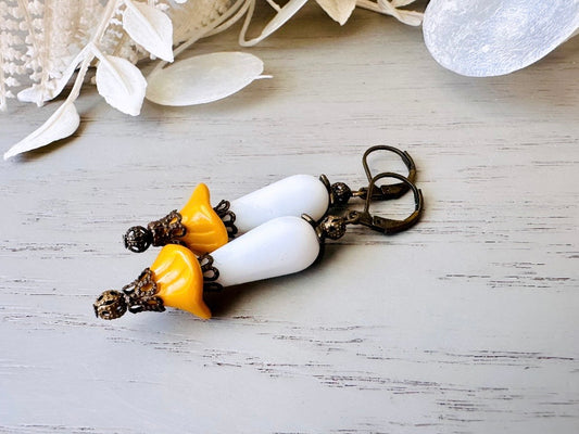 Handmade Teardrop Earrings, White and Yellow Czech Glass Flower Earrings