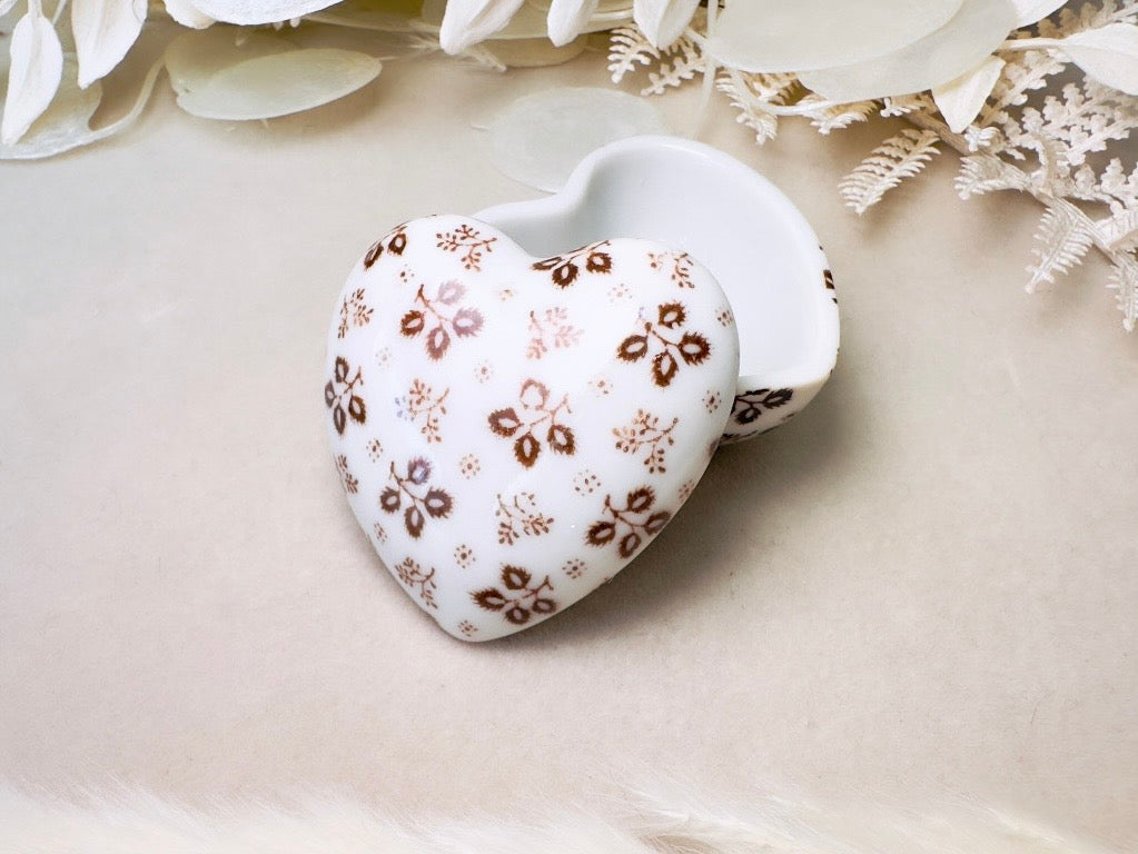 Heart Jewelry Box, Vintage Milk Glass Japanese Trinket Box, White Porcelain Fine China with Brown Flowers