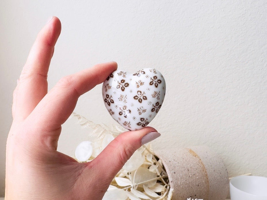 Heart Jewelry Box, Vintage Milk Glass Japanese Trinket Box, White Porcelain Fine China with Brown Flowers