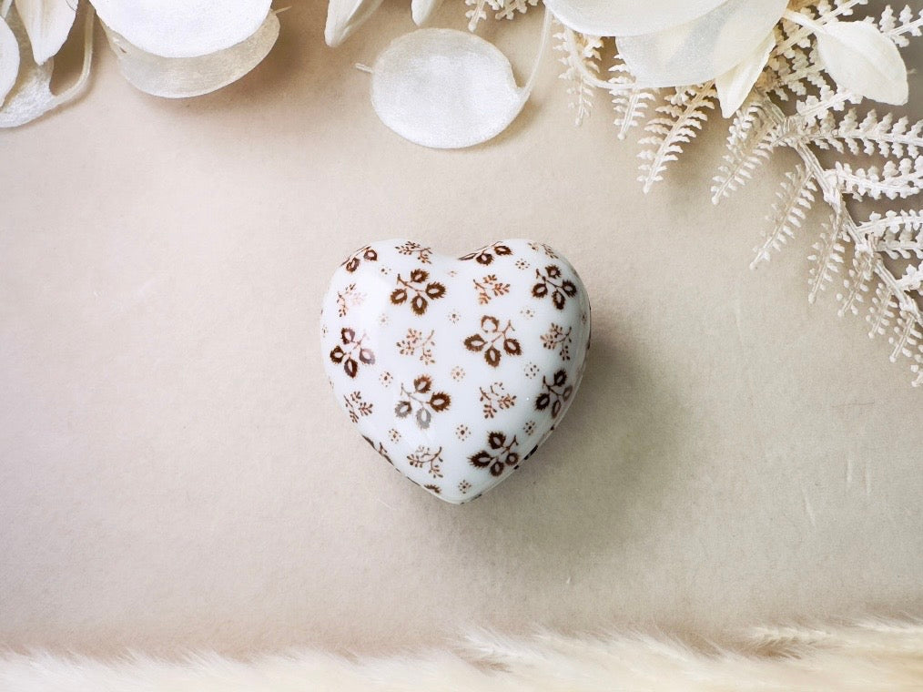 Heart Jewelry Box, Vintage Milk Glass Japanese Trinket Box, White Porcelain Fine China with Brown Flowers