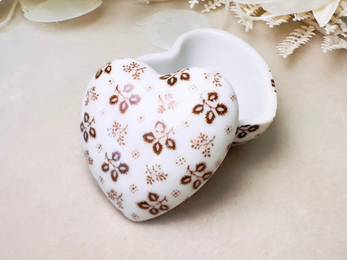 Heart Jewelry Box, Vintage Milk Glass Japanese Trinket Box, White Porcelain Fine China with Brown Flowers