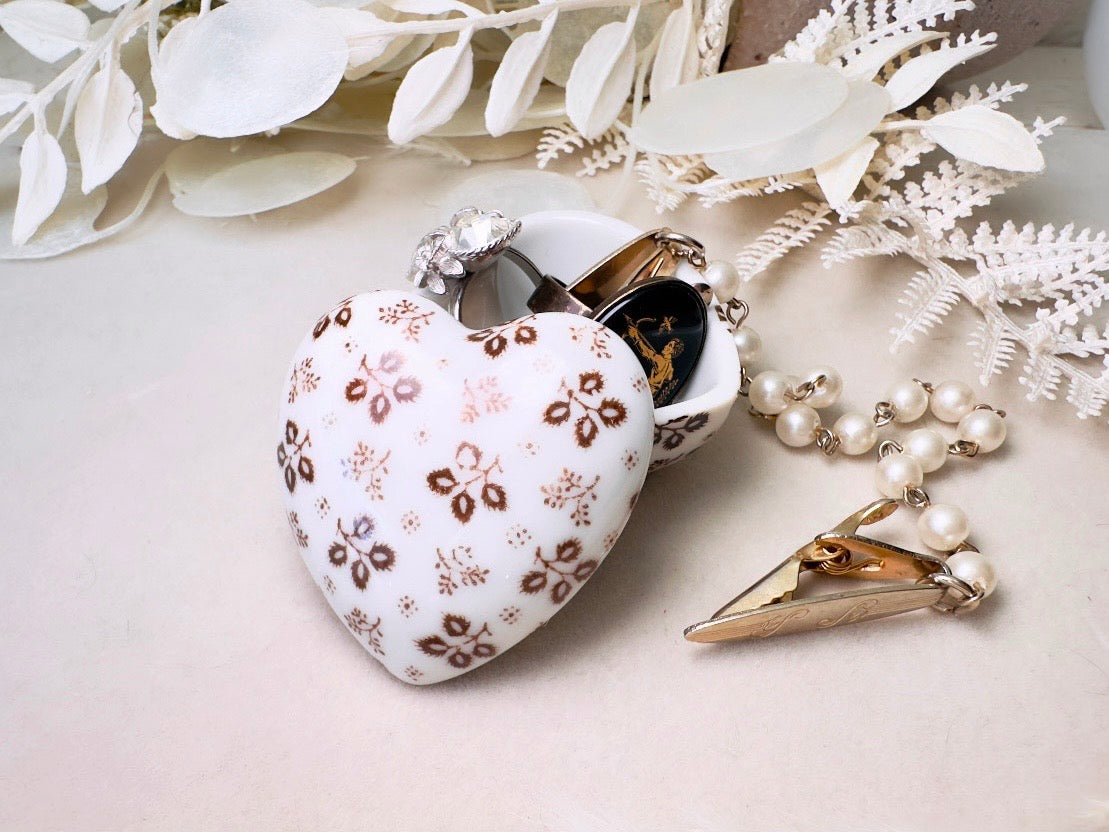 Heart Jewelry Box, Vintage Milk Glass Japanese Trinket Box, White Porcelain Fine China with Brown Flowers