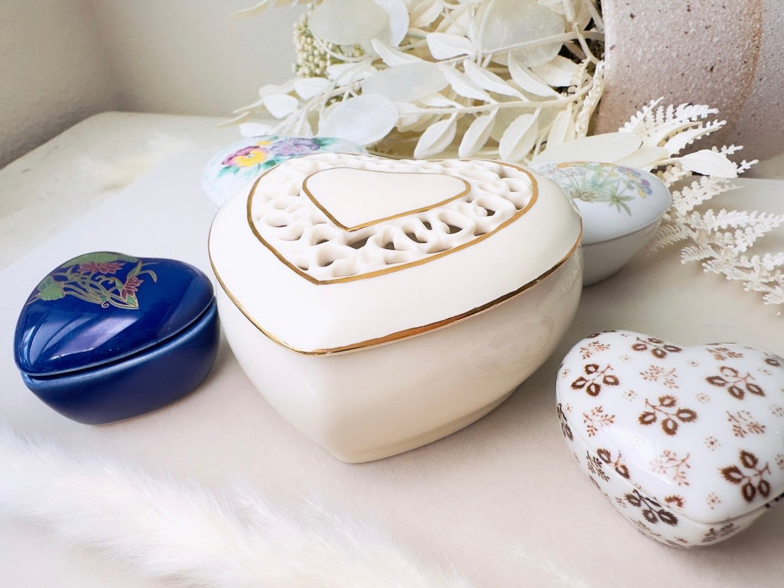 Heart Jewelry Box, Vintage Milk Glass Japanese Trinket Box, White Porcelain Fine China with Brown Flowers