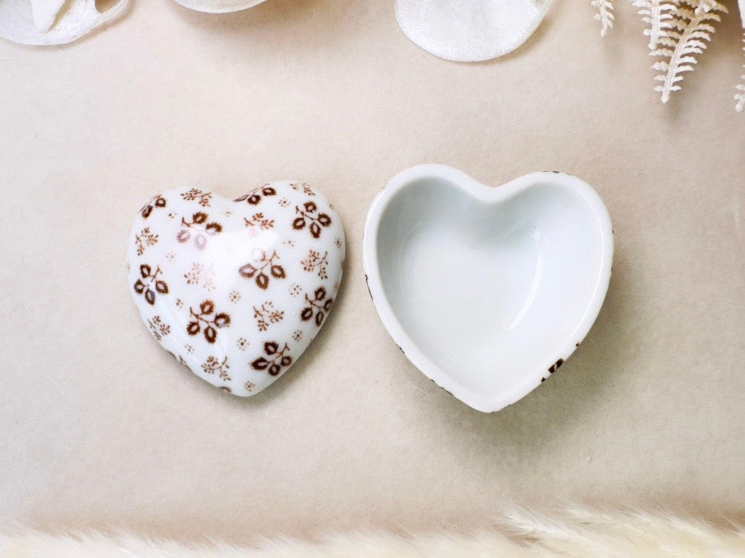 Heart Jewelry Box, Vintage Milk Glass Japanese Trinket Box, White Porcelain Fine China with Brown Flowers