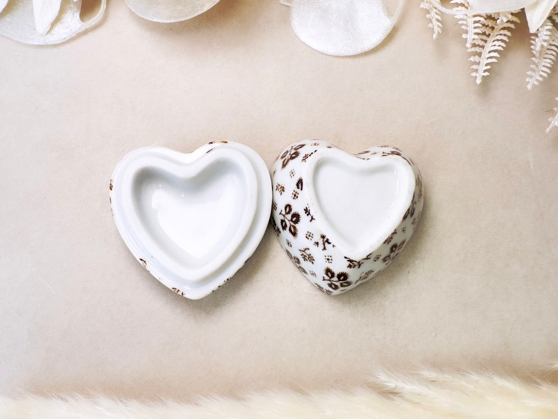 Heart Jewelry Box, Vintage Milk Glass Japanese Trinket Box, White Porcelain Fine China with Brown Flowers